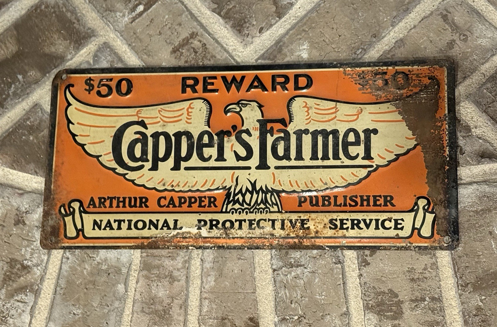 Vintage 1940s 50s Capper’s Farmer Reward Sign Emblazed Eagle Vintage 1940s 50s Capper’s Farmer Reward Sign Emblazed Eagle