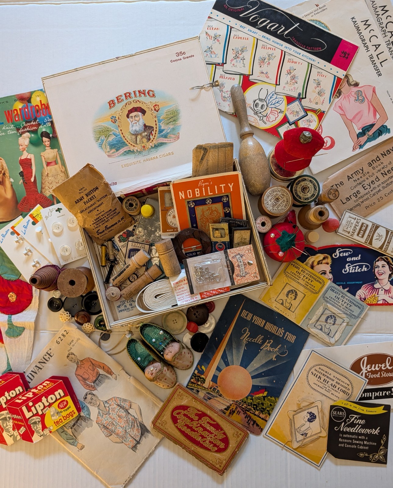 Vintage BIG Sewing Lot Needle Books Notions Buttons Wood Spools Egg Sock