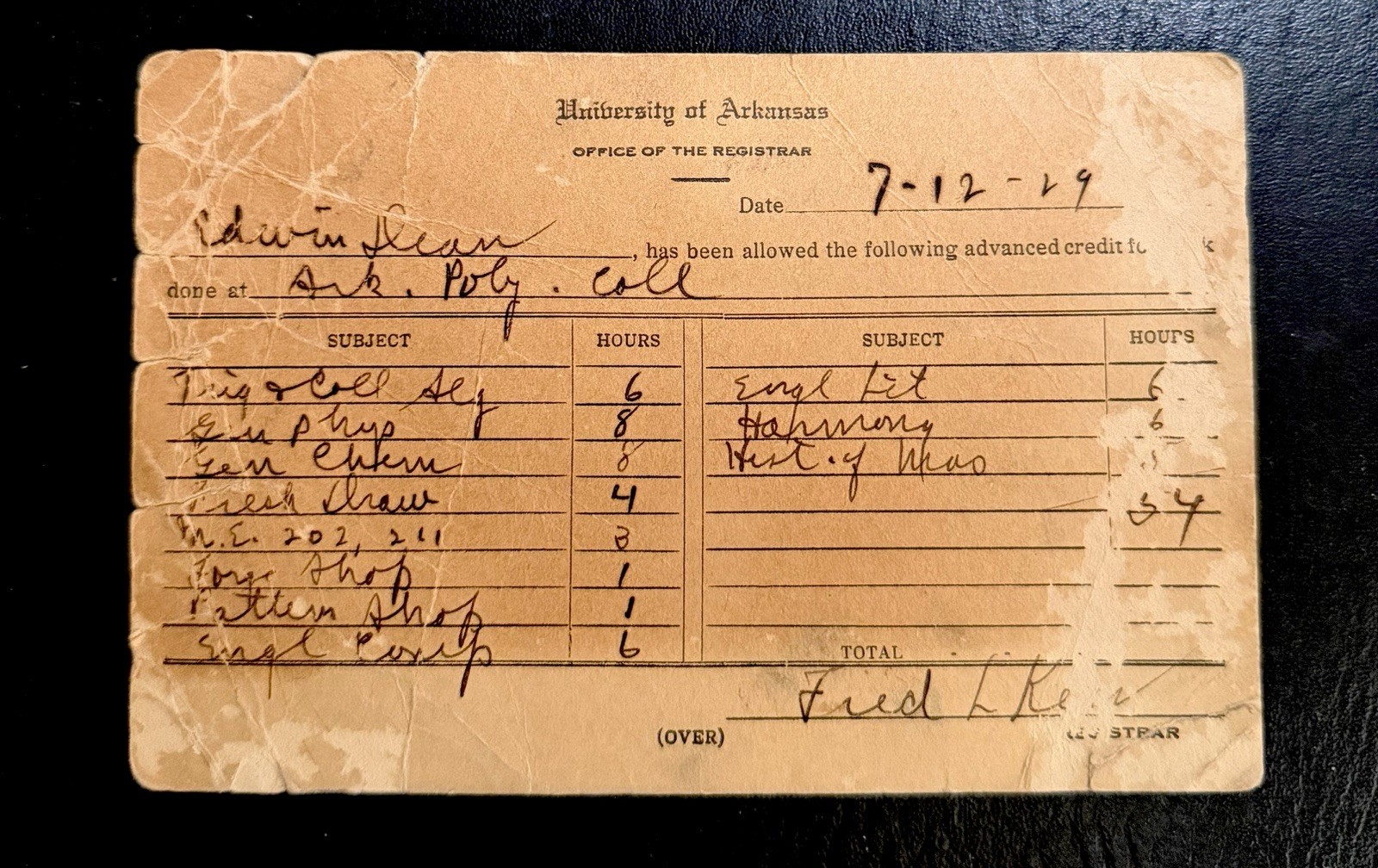 1929 University Of Arkansas Office Of The Registra Records Credits For Edwin 1929 University Of Arkansas Office Of The Registra Records Credits For Edwin