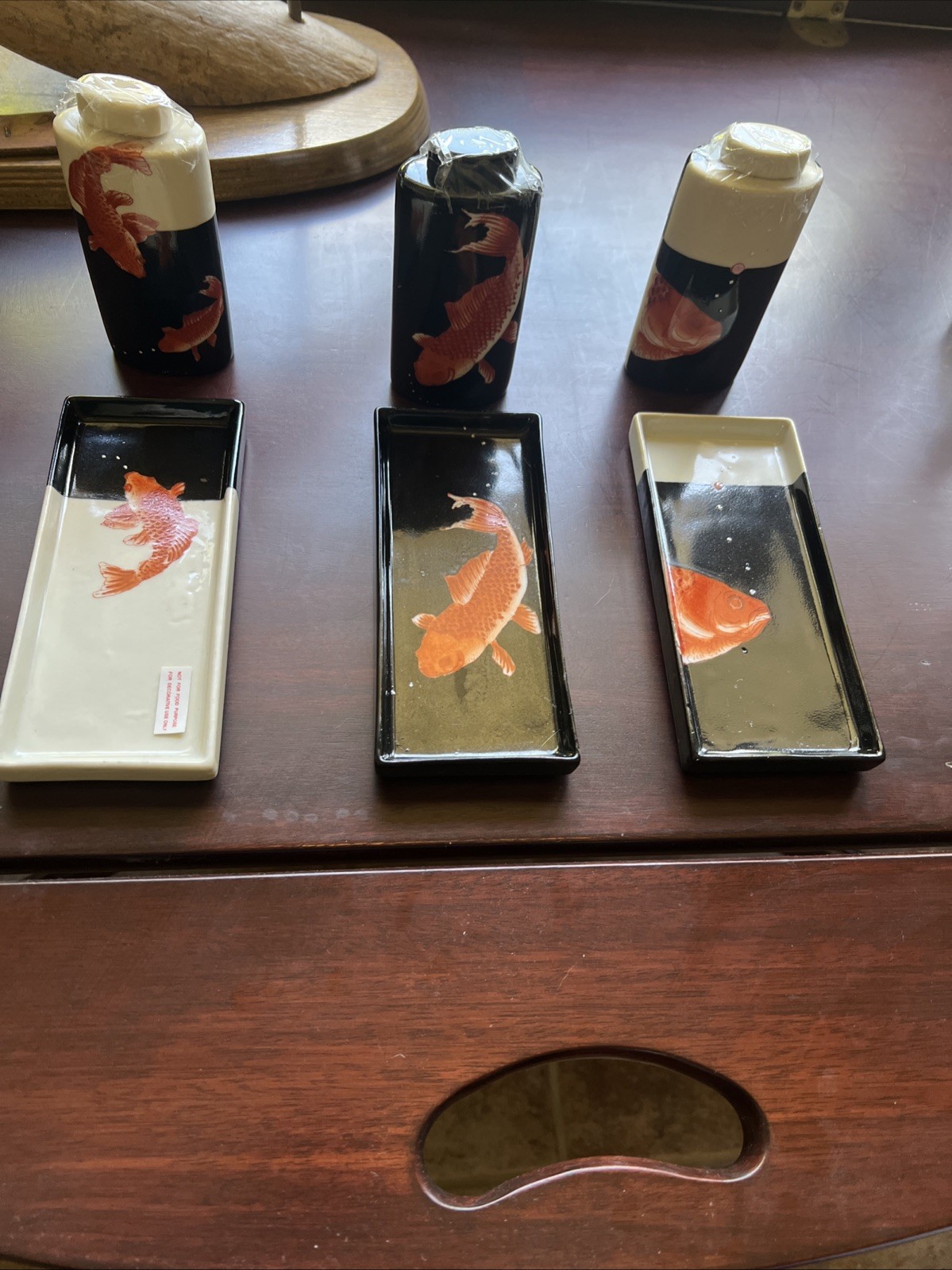 3 Vintage Fabienne Jouvin Orange Koi Fish Porcelain 4.25” Jars WITH LIDS & TRAYS 3 Vintage Fabienne Jouvin Orange Koi Fish Porcelain 4.25” Jars WITH LIDS & TRAYS