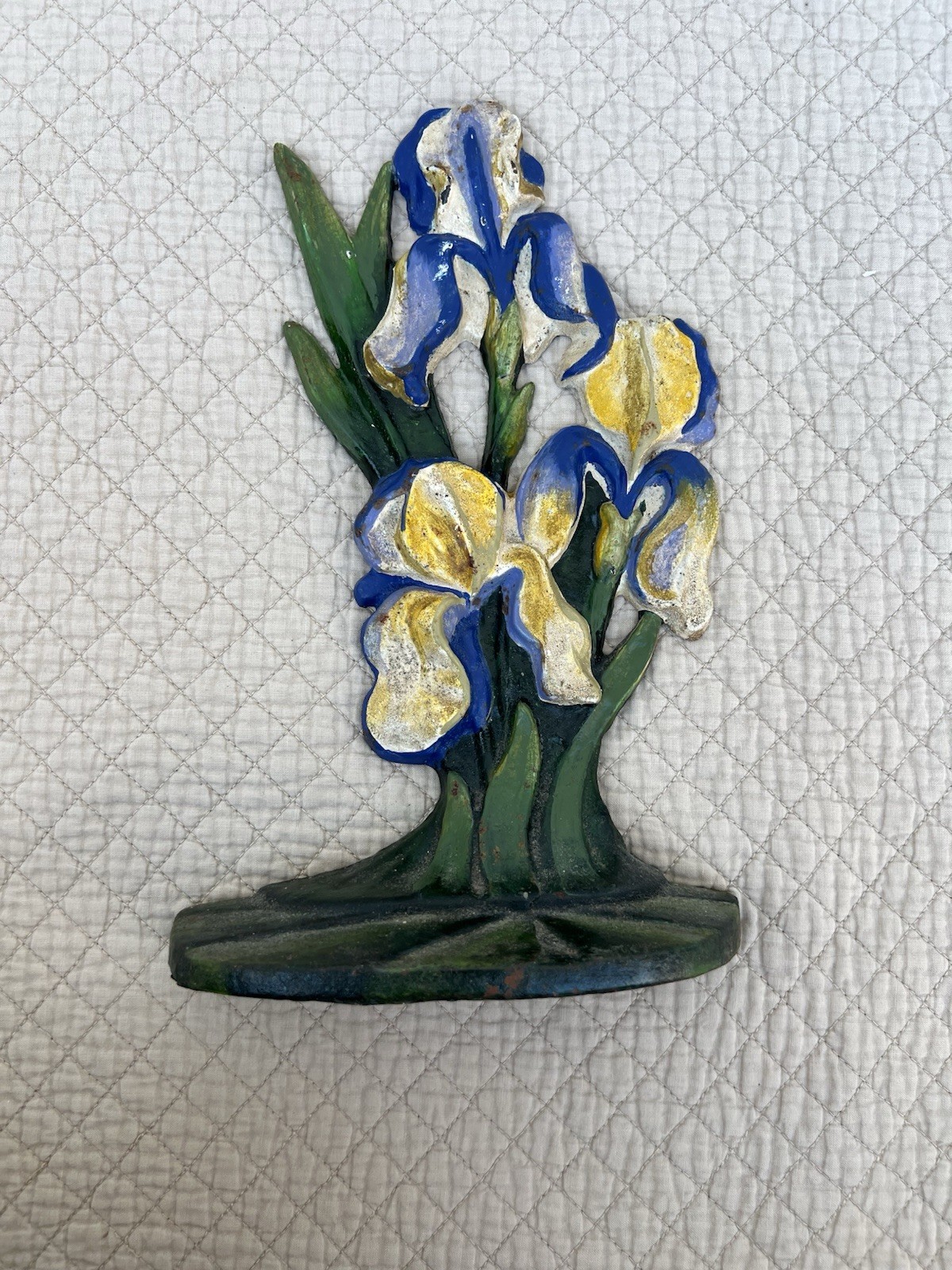 Vintage Painted Cast Iron Iris Flower Door Stop, Blue Yellow & Ivory, 10 6/8\ Vintage Painted Cast Iron Iris Flower Door Stop, Blue Yellow & Ivory, 10 6/8\