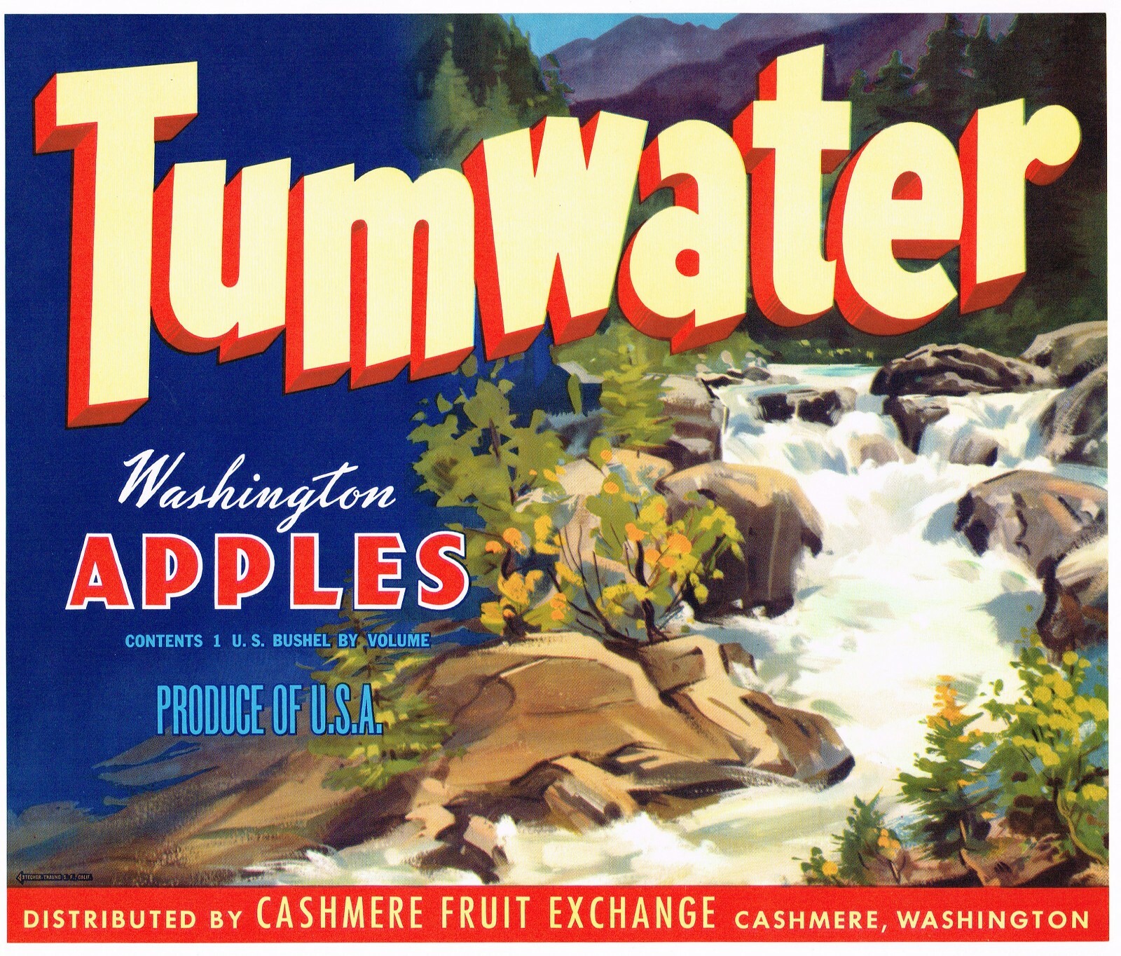 ORIGINAL C1950S APPLE CRATE LABEL CASHMERE VINTAGE TUMWATER STREAM WASHINGTON ORIGINAL C1950S APPLE CRATE LABEL CASHMERE VINTAGE TUMWATER STREAM WASHINGTON