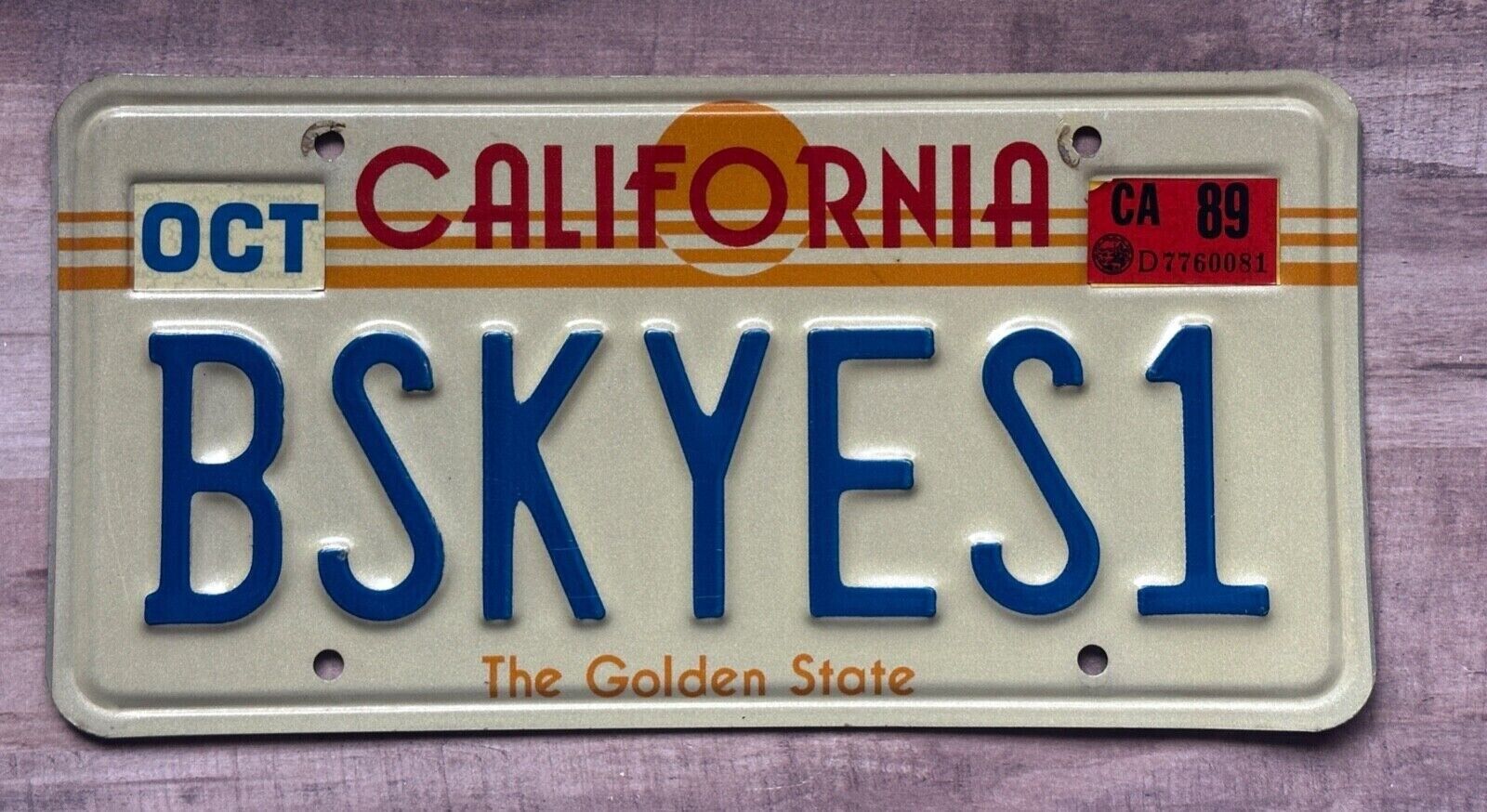 1989 California Sunset License Plate BSKYES1 personalized blue sky