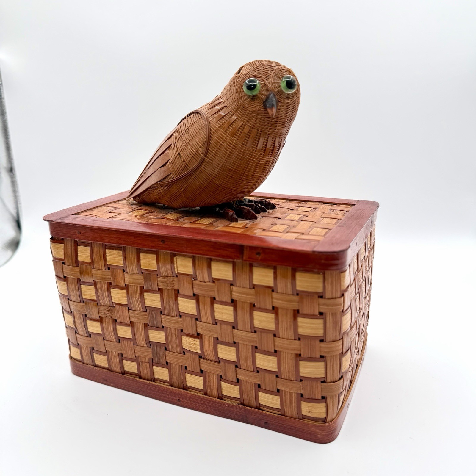 Vintage Shanghai Handicrafts Wood Wicker Owl Basket Box People's Republic China Vintage Shanghai Handicrafts Wood Wicker Owl Basket Box People's Republic China
