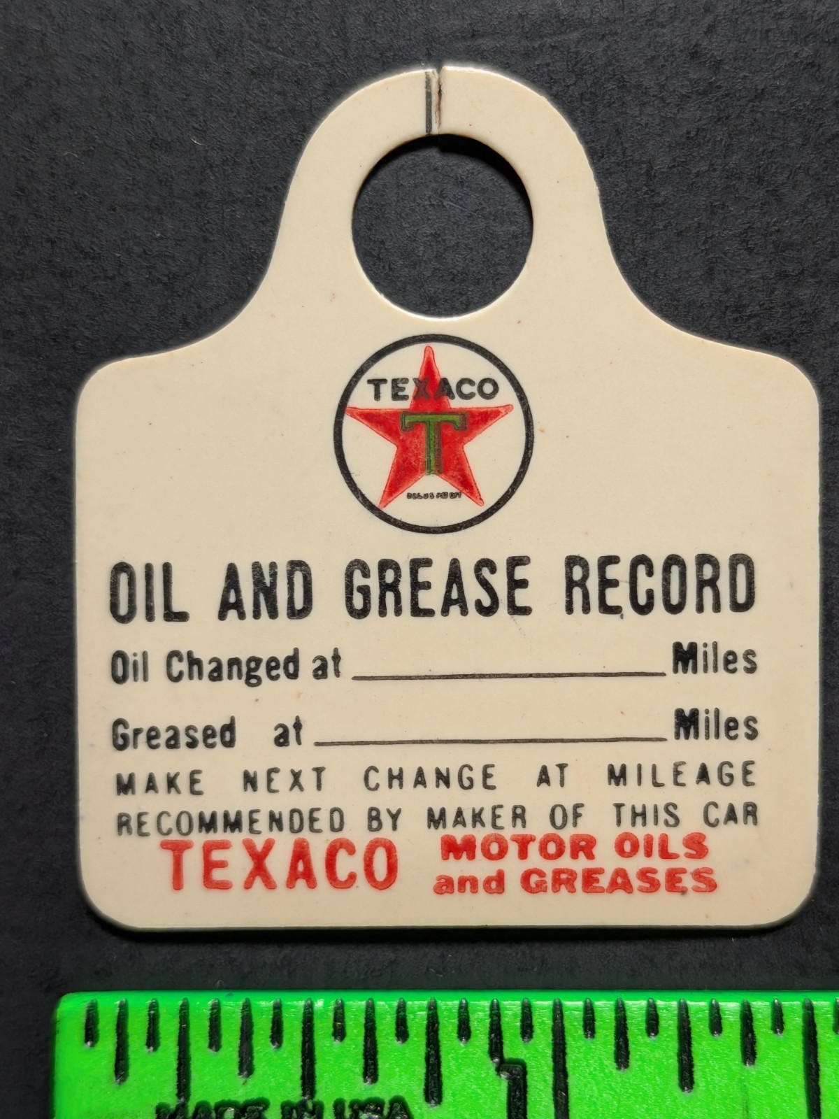 Vintage 1920s Texaco Oil and Grease Record Celluloid Tag Vintage 1920s Texaco Oil and Grease Record Celluloid Tag
