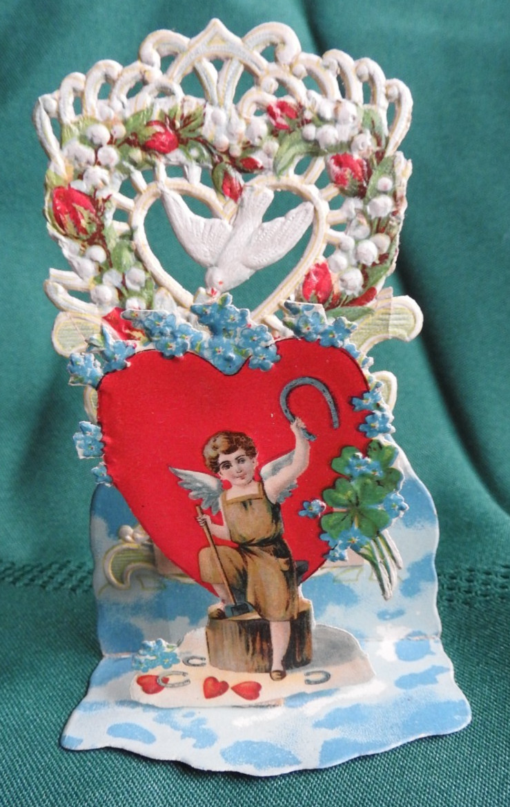 OLD Victorian Die Cut POP UP Valentine Card, CHERUB w 4 Leaf Clover & Horseshoe OLD Victorian Die Cut POP UP Valentine Card, CHERUB w 4 Leaf Clover & Horseshoe