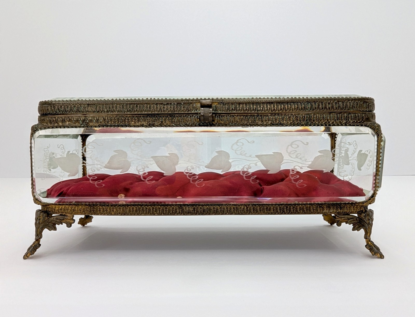 LARGE Antique French Jewelry Display Casket Beveled Glass Gilt Brass 19thC Heavy