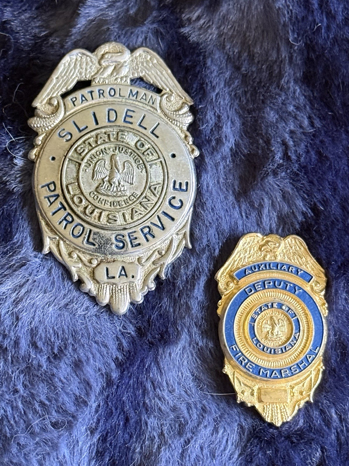2 Vintage LOUISIANA Badges FIRE MARSHAL & PATROLMAN Mixed Metals