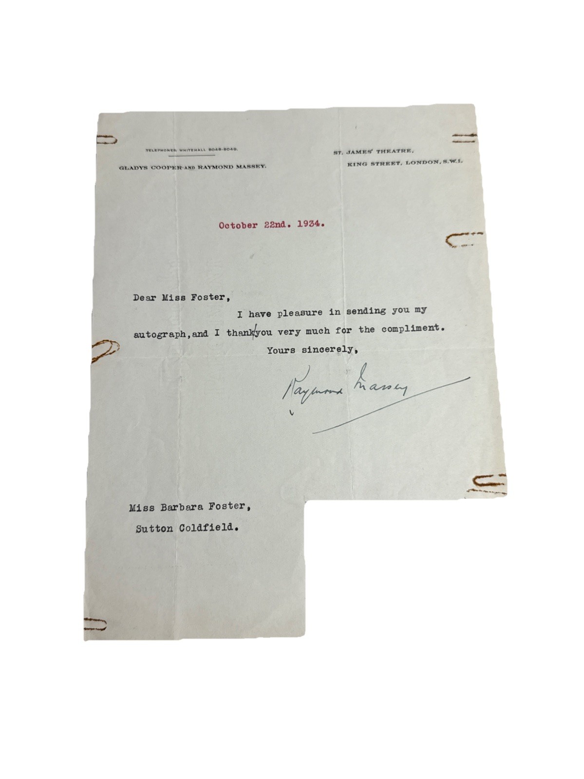 Signed Letter By Raymond Massey 1934 St James Theatre London