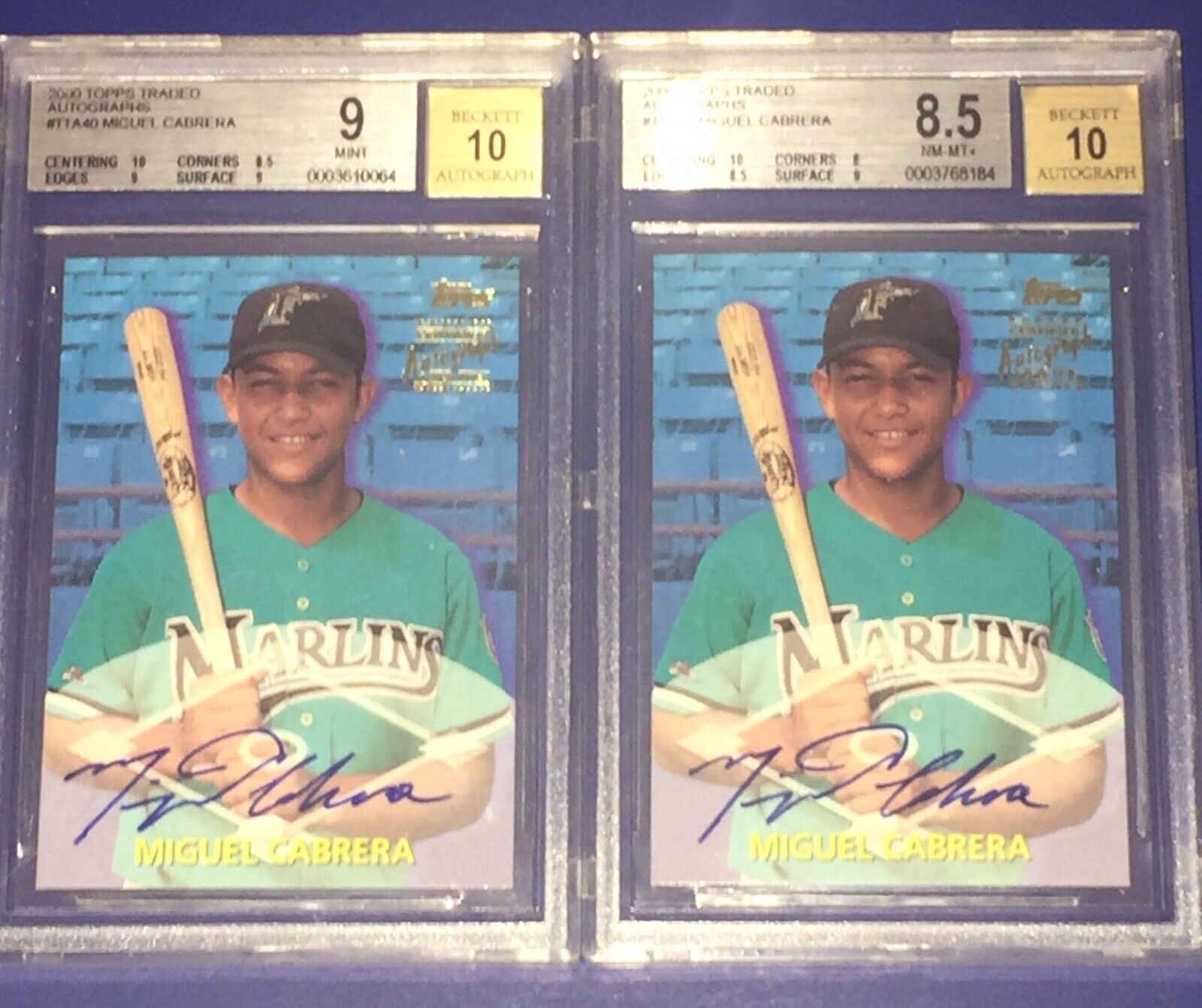 Lot x 2 2000 Topps Traded #TTA40 MIGUEL CABRERA ROOKIE AUTO\'s BGS 8.5 & BGS 9