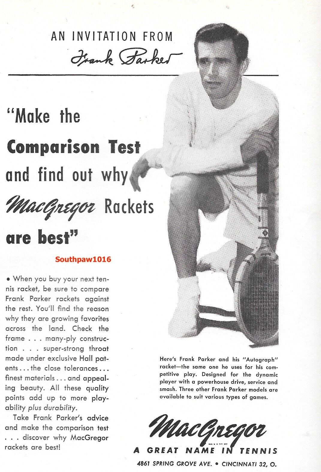 1951 MacGregor Tennis \'Frank Parker Autograph\' Racket Original Print Advert.