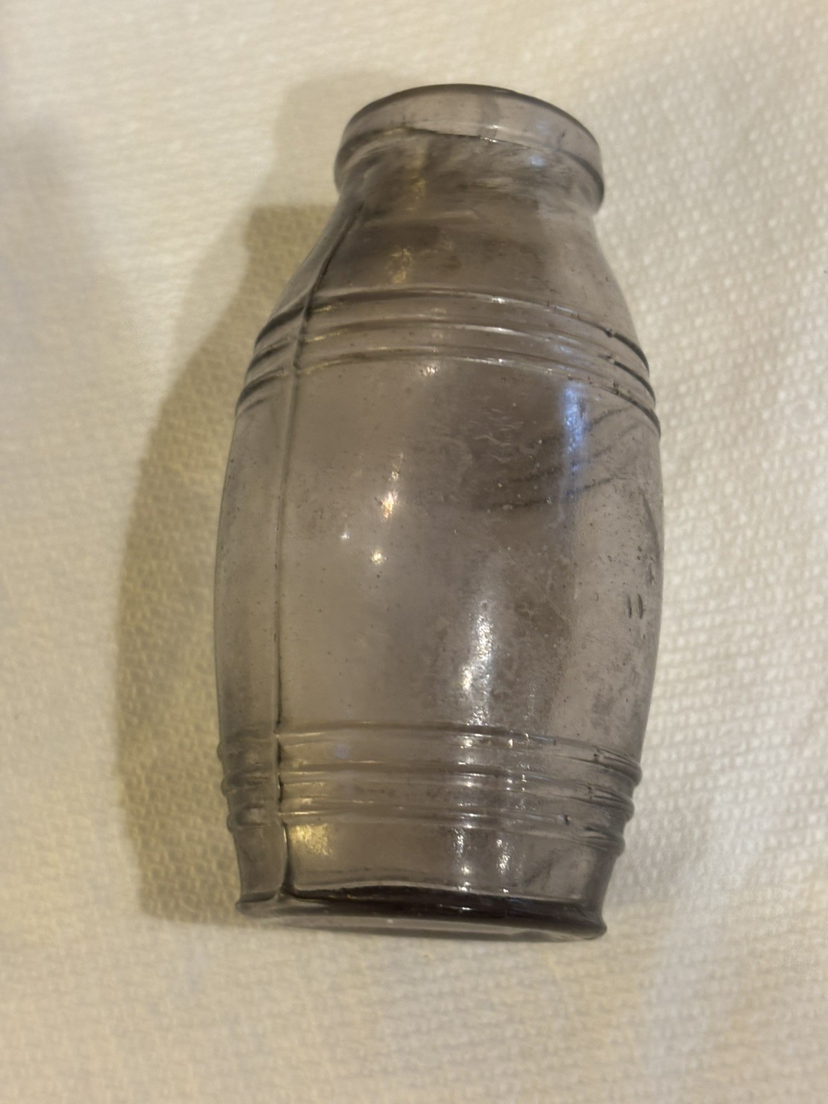 1890s Antique Glass Barrel Bottle Vintage Mustard Jar Primitive 4” 1890s Antique Glass Barrel Bottle Vintage Mustard Jar Primitive 4”