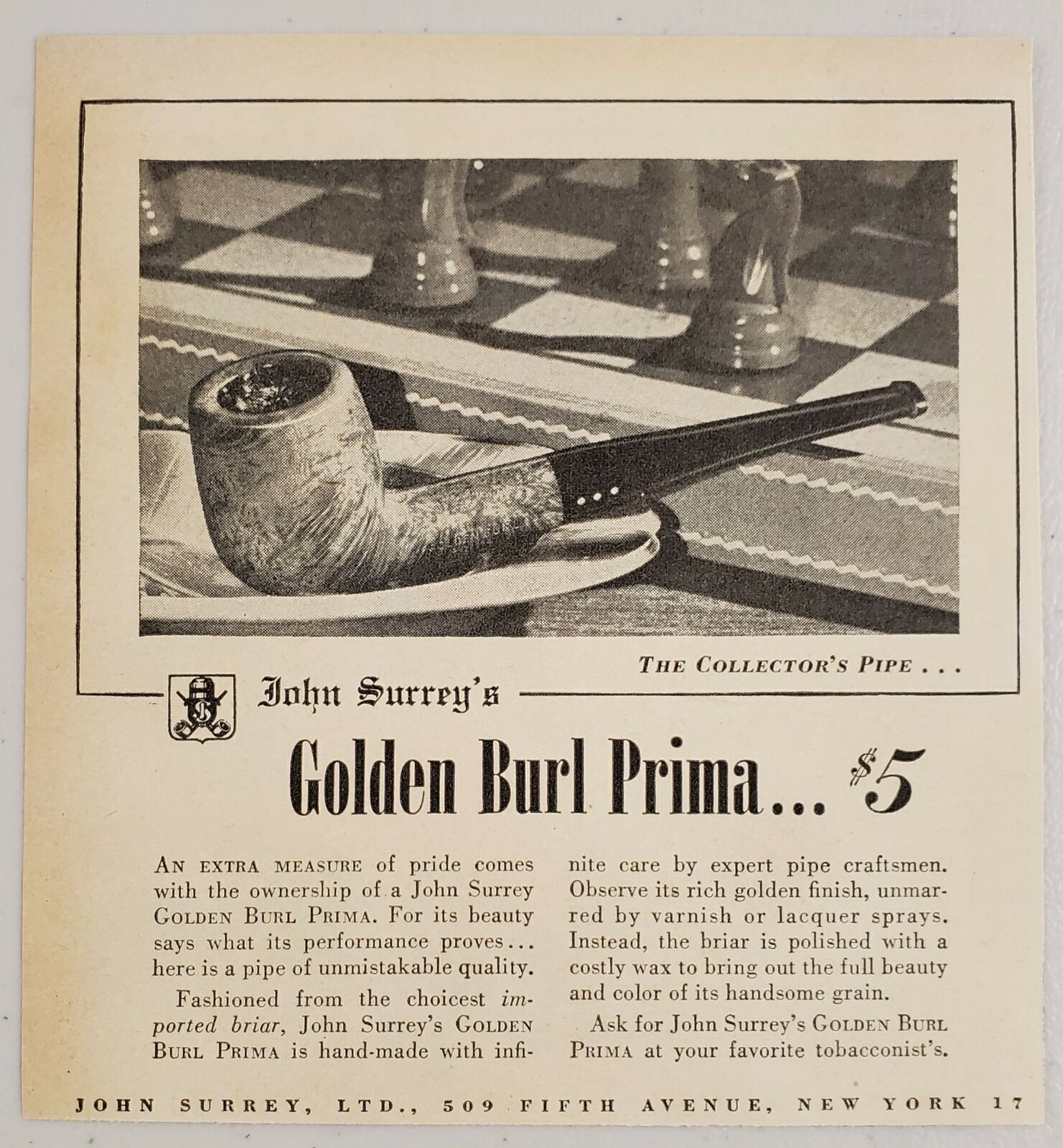 1946 Print Ad Golden Burl Prima Tobacco Pipes John Surrey New York,NY 1946 Print Ad Golden Burl Prima Tobacco Pipes John Surrey New York,NY