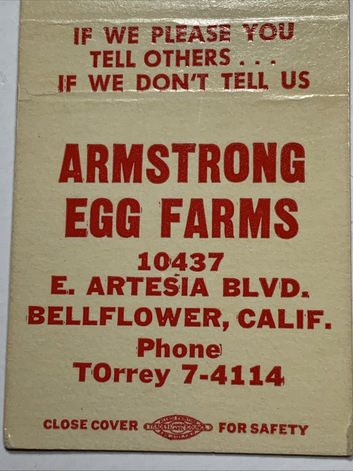 Bellflower California Matchbook Cover Armstrong Egg Farm