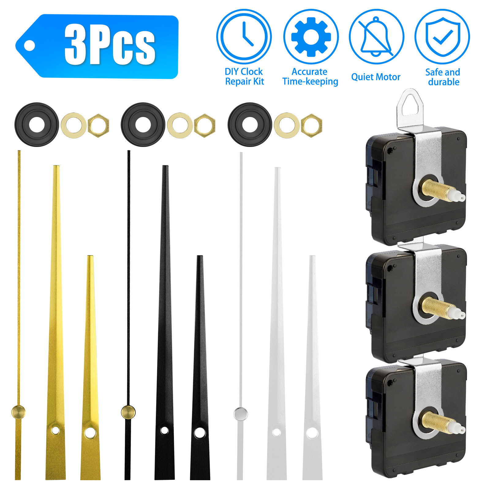 3PCS DIY Wall Quartz Clock Movement Mechanism Replacement Repair Parts Hands Kit 3PCS DIY Wall Quartz Clock Movement Mechanism Replacement Repair Parts Hands Kit