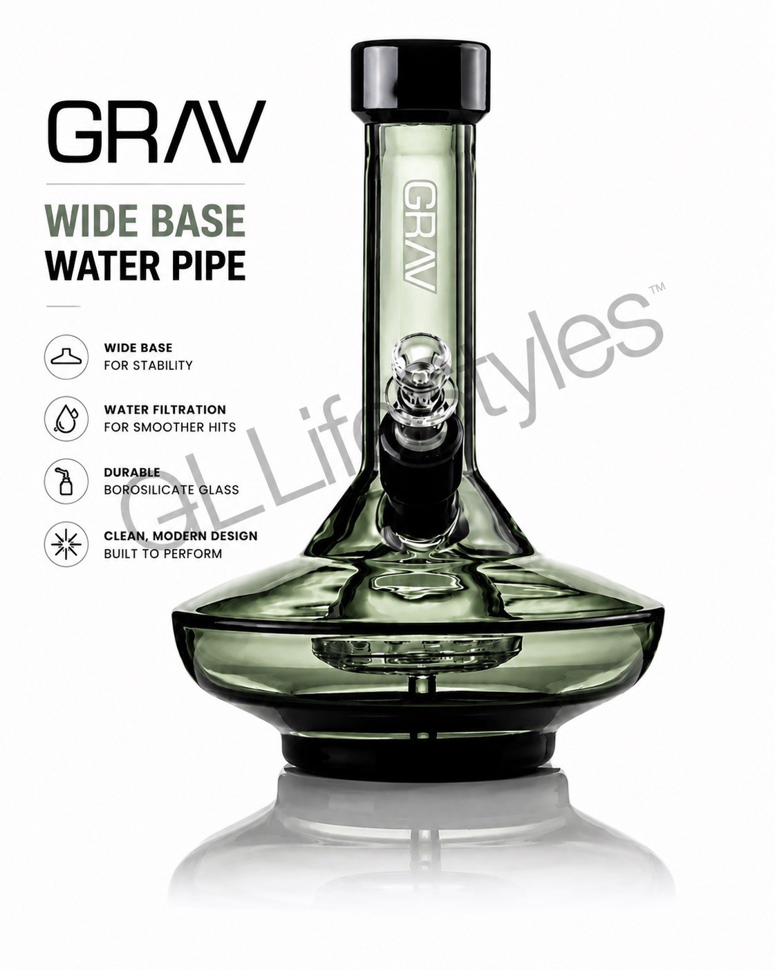 GRAV® SMALL 8.25” WIDE BASE WATER PIPE IN SMOKE WITH BLACK ACCENTS, THICK GLASS GRAV® SMALL 8.25” WIDE BASE WATER PIPE IN SMOKE WITH BLACK ACCENTS, THICK GLASS