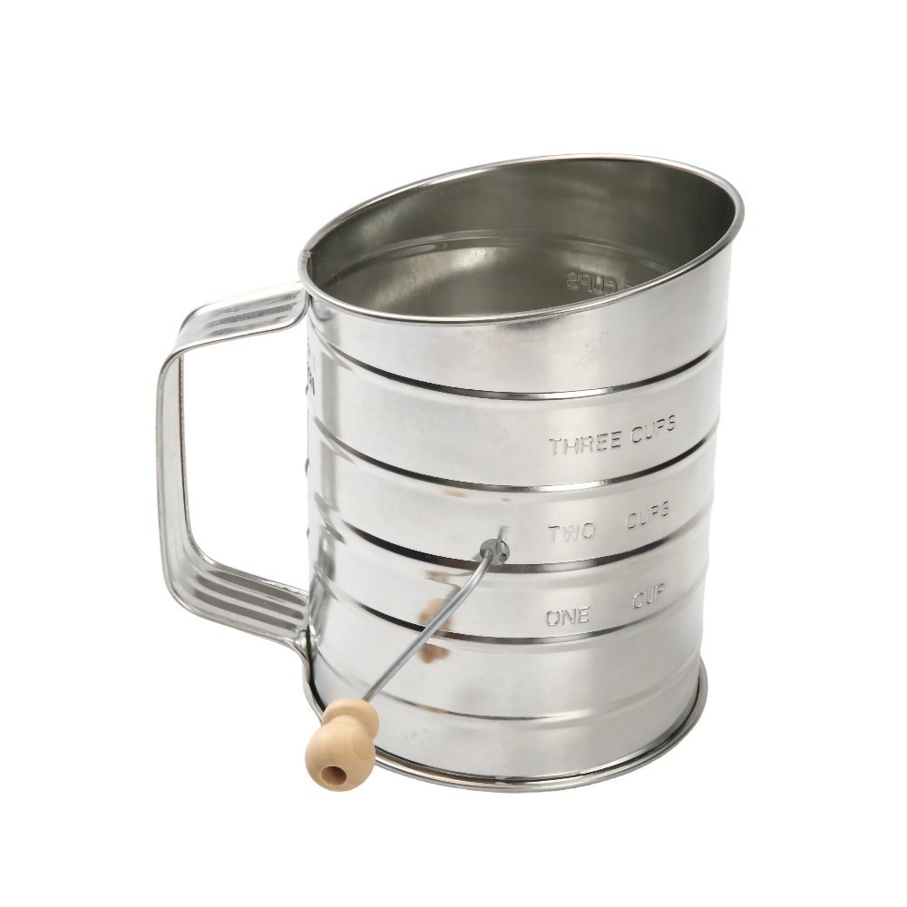 Stainless Steel 3 Cup Hand-Crank Flour Sifter with Beechwood Handle Stainless Steel 3 Cup Hand-Crank Flour Sifter with Beechwood Handle