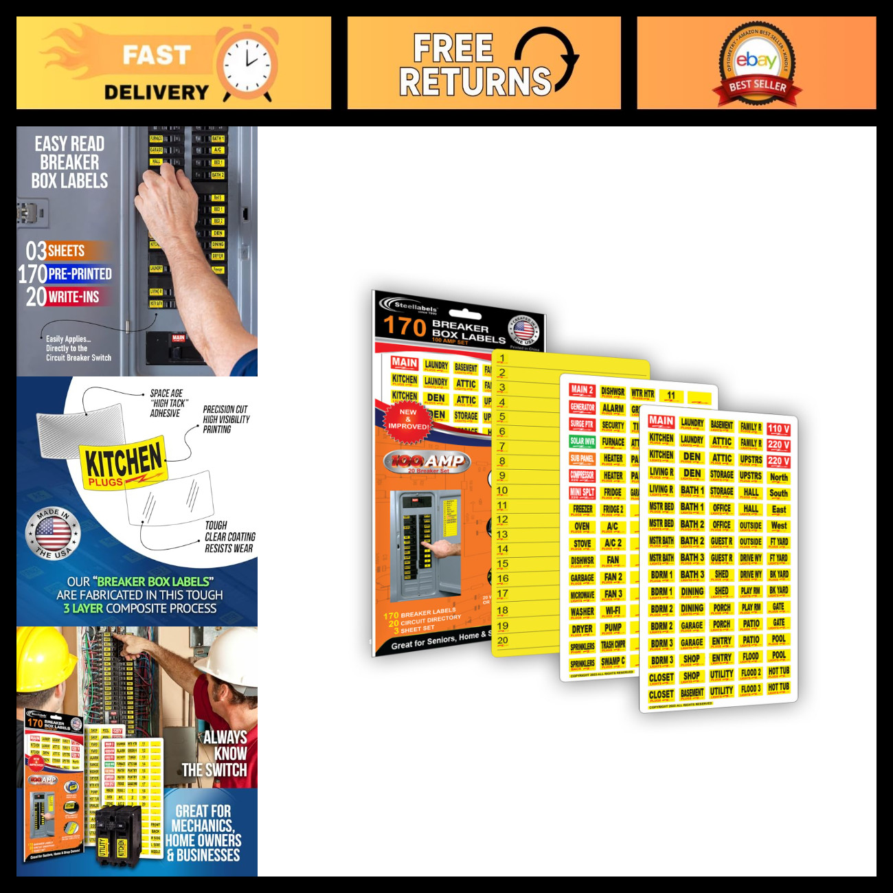 170 Circuit Breaker Decals - 100 AMP Set - Vinyl Labels for Breaker Panel Boxes