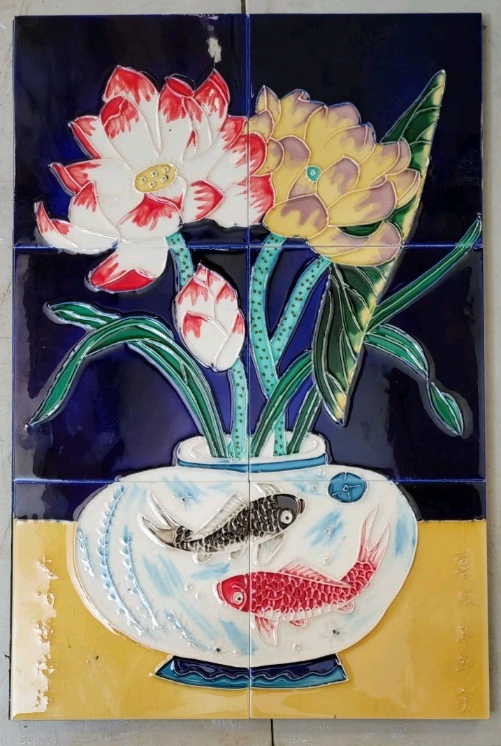 VTG Chinese Koi Fish Lotus 6 Tile Mounted Wall Plaque Mural 12 VTG Chinese Koi Fish Lotus 6 Tile Mounted Wall Plaque Mural 12