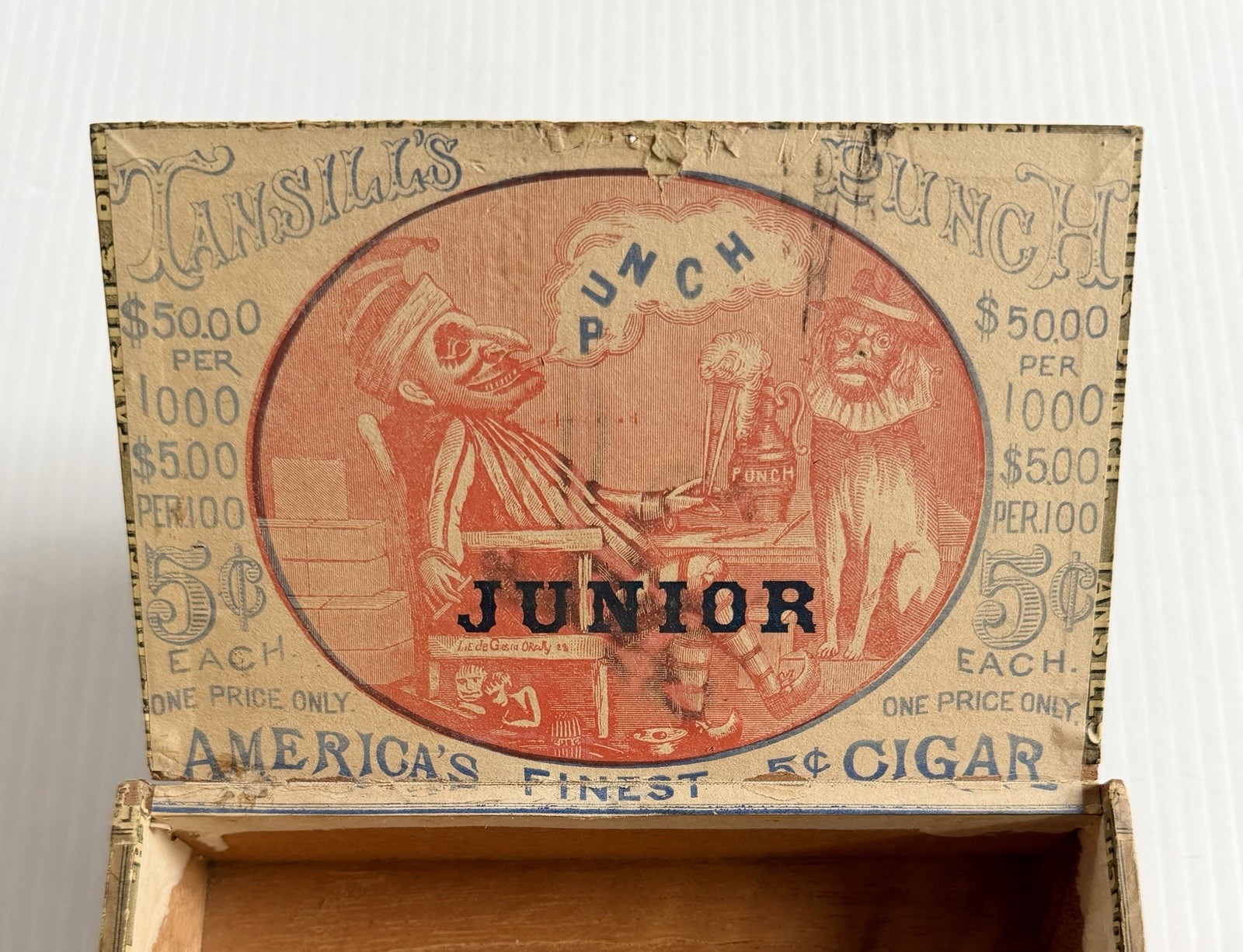 Rare Antique Tansill’s Punch Wood Cigar Box, America’s Finest 5¢ Cigar, Junior Rare Antique Tansill’s Punch Wood Cigar Box, America’s Finest 5¢ Cigar, Junior