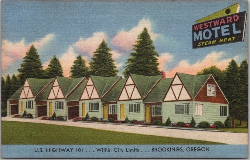 c1950s BROOKINGS, Oregon Postcard WESTWARD MOTEL Highway 101 LINEN / Unused