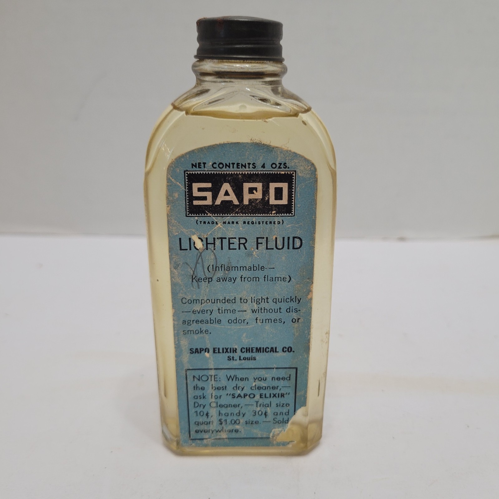 Vintage HTF SAPO Elixir Lighter Fluid In Glass Bottle Full Rare Vintage HTF SAPO Elixir Lighter Fluid In Glass Bottle Full Rare