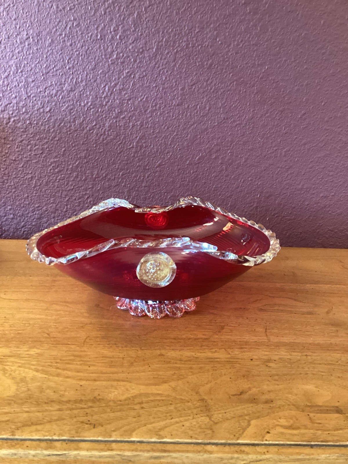 Vintage Murano Ruby Red Art Glass Bowl With Gold Aventurine Accents With Sticker Vintage Murano Ruby Red Art Glass Bowl With Gold Aventurine Accents With Sticker
