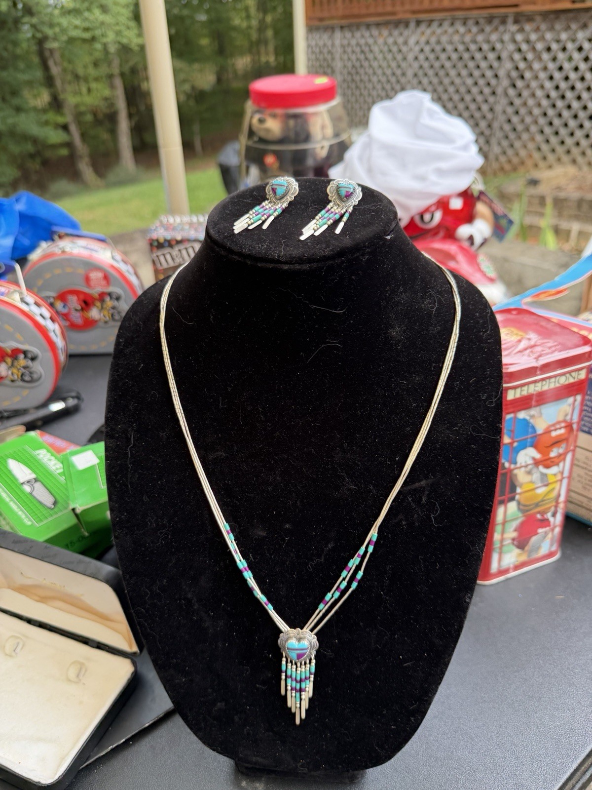 Vintage Handmade Beaded Silver Native American Necklace And Earrings Set Vintage Handmade Beaded Silver Native American Necklace And Earrings Set