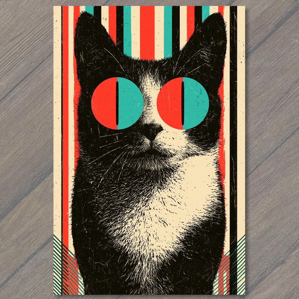 POSTCARD Cat Psychedelic Glasses Stripes Bold Retro Colors Pop Graphic