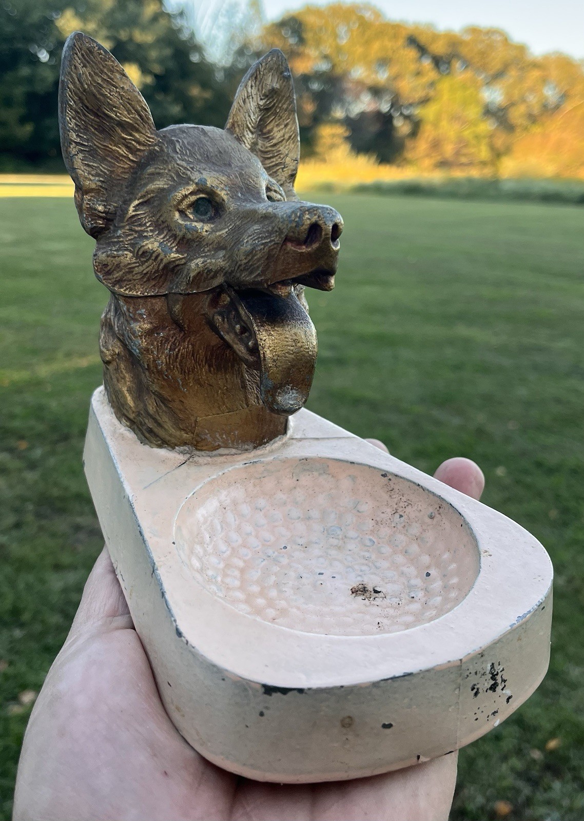 Vintage 1930s-40s Scary German Shepherd Dog Metal Ashtray Vintage 1930s-40s Scary German Shepherd Dog Metal Ashtray