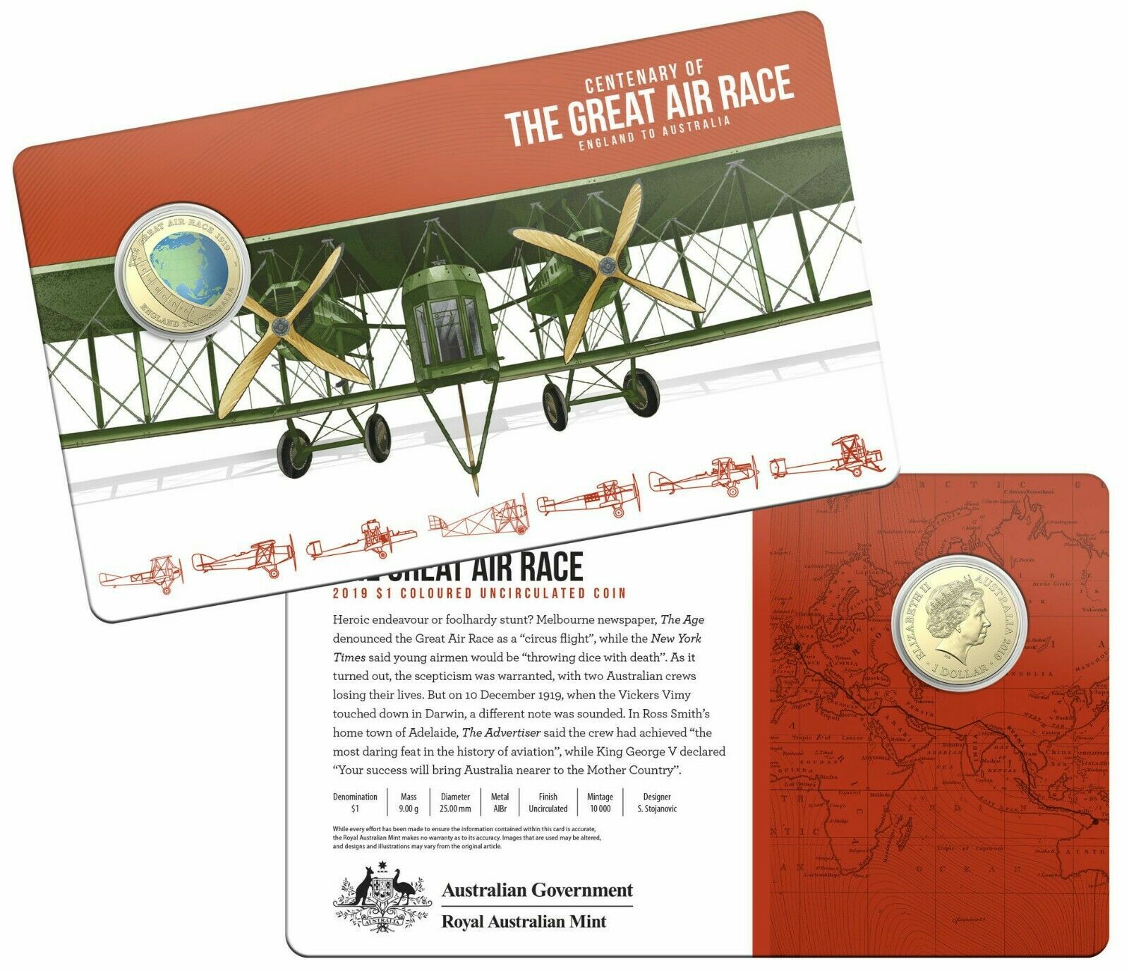 2019 $1 Australia Great Air Race Coloured Coin Plane Air Craft 10000 Mintage UNC