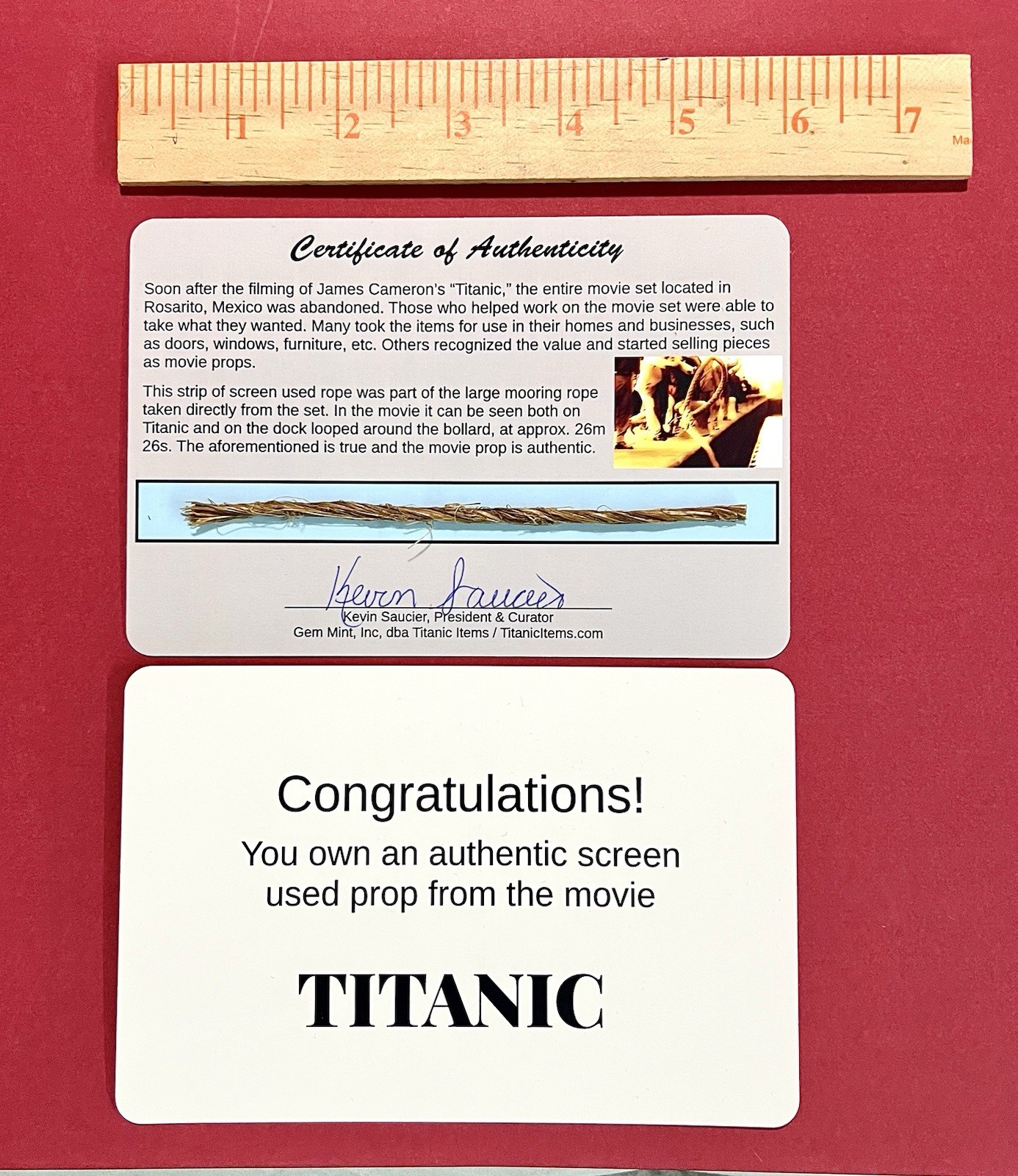 Titanic 1997 Screen Used Movie Prop Rope Card. Signed COA. Known collector. Titanic 1997 Screen Used Movie Prop Rope Card. Signed COA. Known collector.