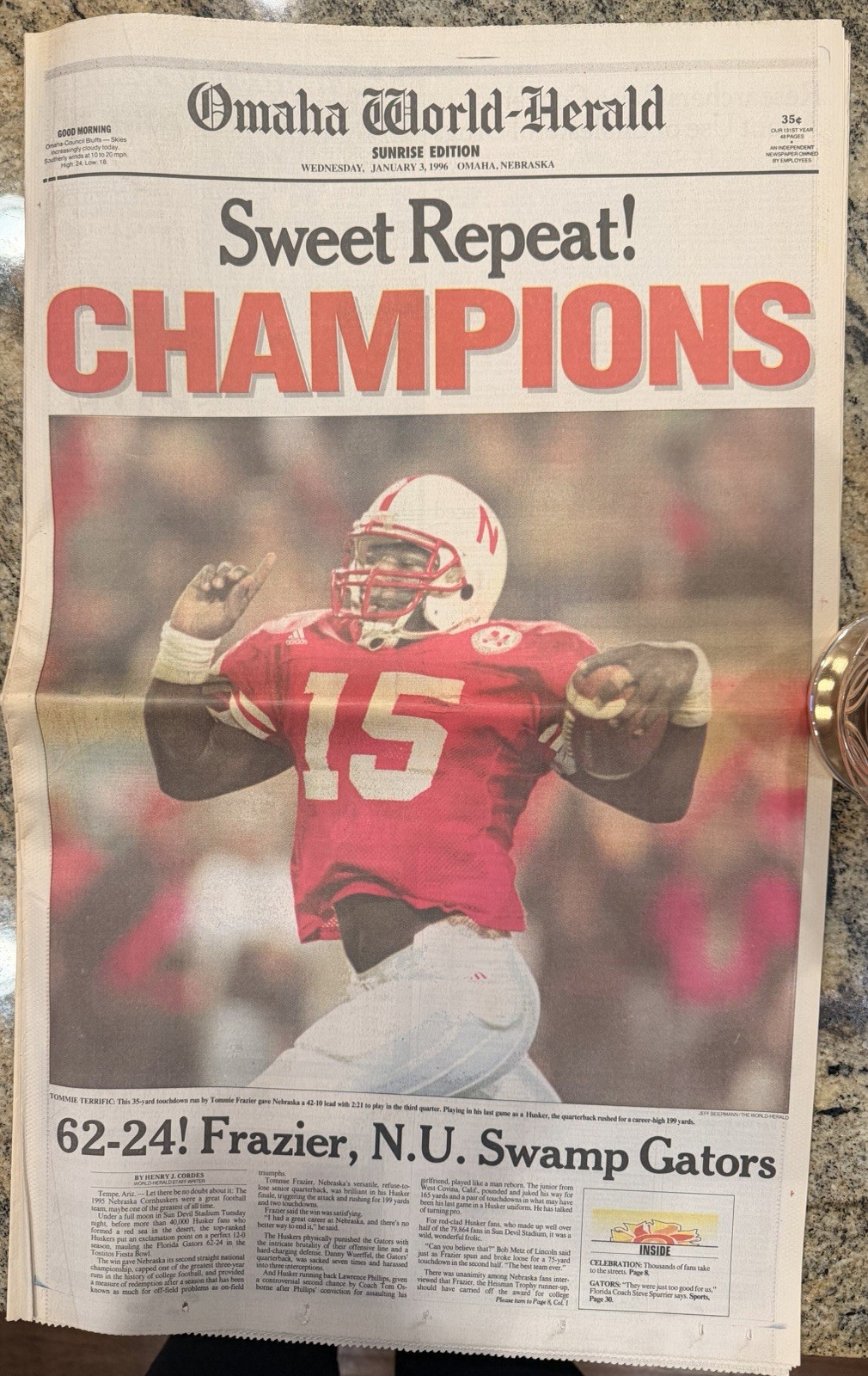 1/3/1996 OMAHA WORLD HERALD HUSKERS FIESTA BOWL WIN over FLORIDA