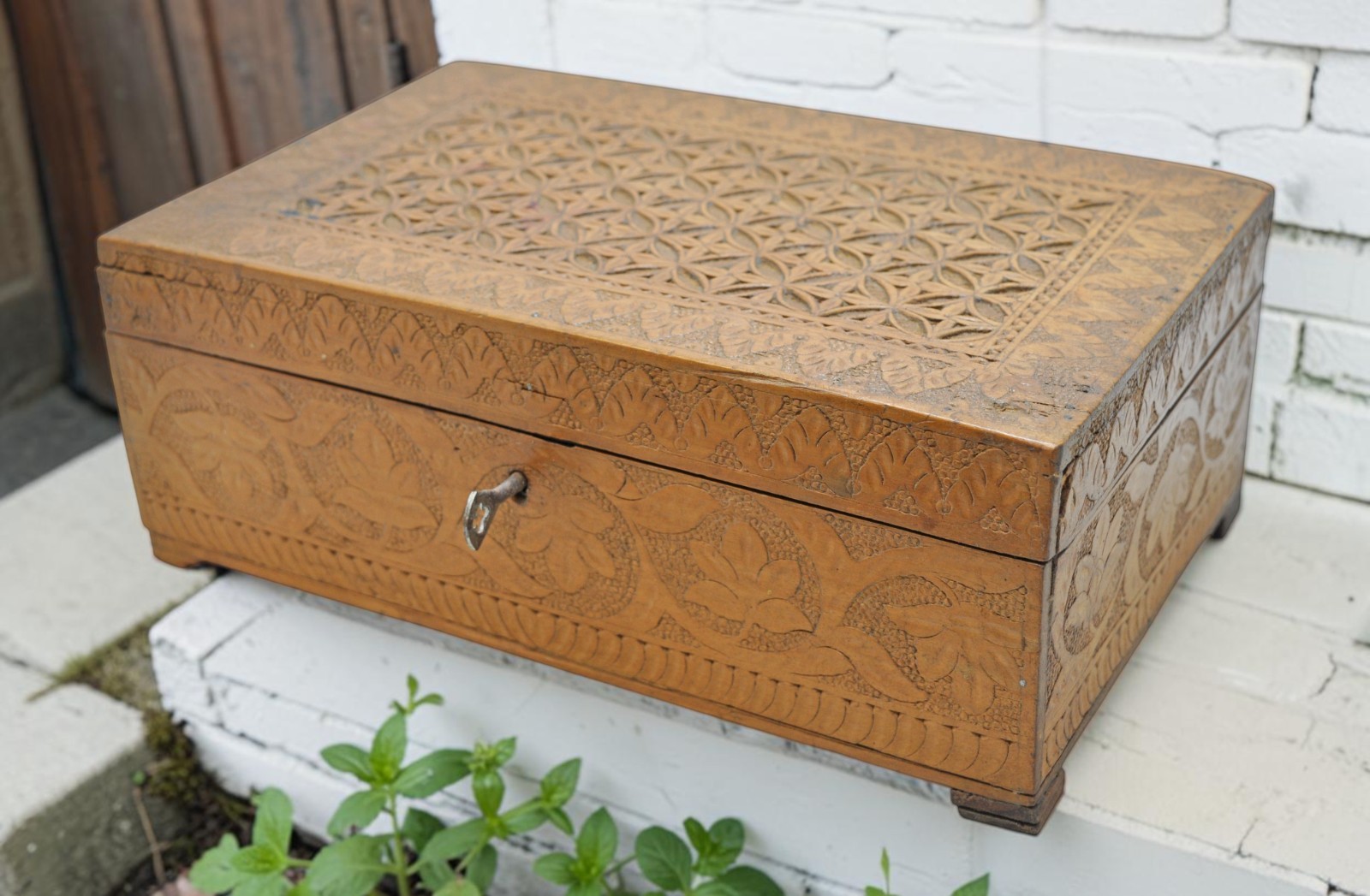 Antique Wooden Very Fine Storage Box Original Old Hand Carved Fine Interiors