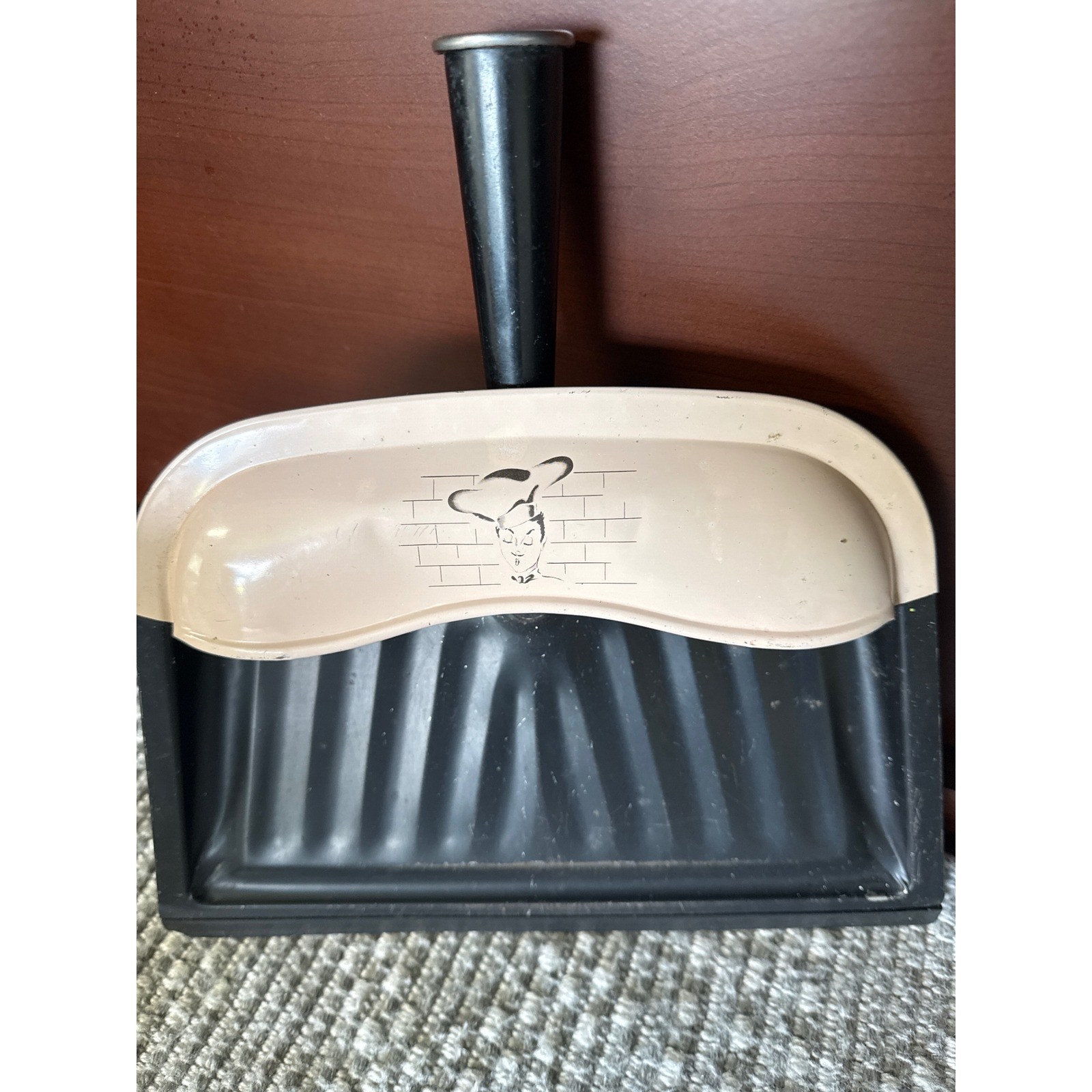 Vintage Metal Dustpan Mid Century Chef Graphic Black Tan Retro Kitchen Decor