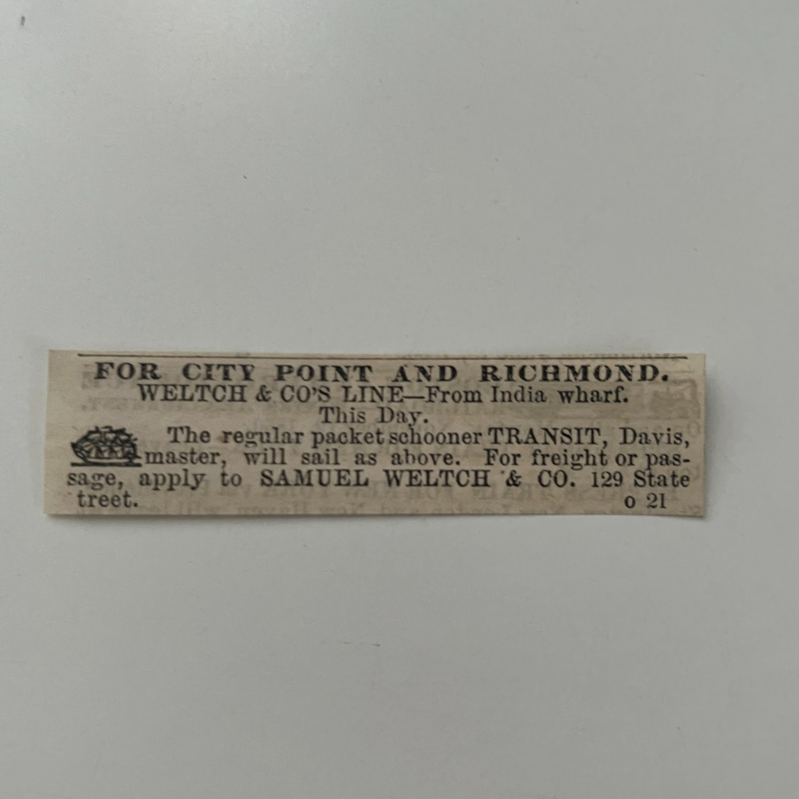 Samuel Weltch & Co. For City Point & Richmond 1860 Boston Clipping TAJ7-S65 Samuel Weltch & Co. For City Point & Richmond 1860 Boston Clipping TAJ7-S65