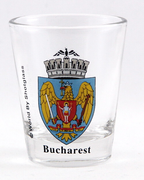 BUCHAREST ROMANIA COAT OF ARMS SHOT GLASS SHOTGLASS