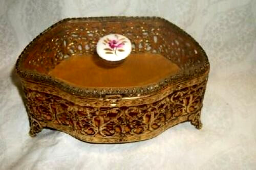 Vintage Matson Filigree Jewelry Casket Box Porcelain HP Flowers Gilt Cameo Rare Vintage Matson Filigree Jewelry Casket Box Porcelain HP Flowers Gilt Cameo Rare