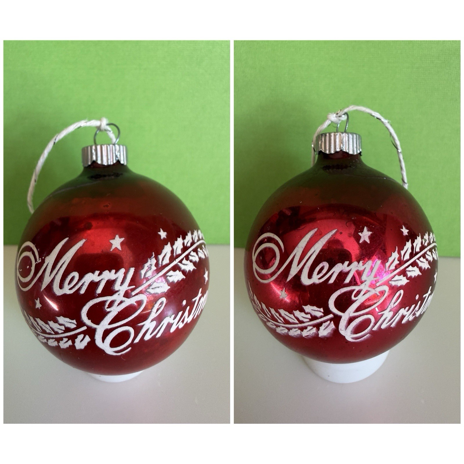2 SHINY BRITE Red Glass Christmas Ornaments /  Merry Christmas / stars / holly