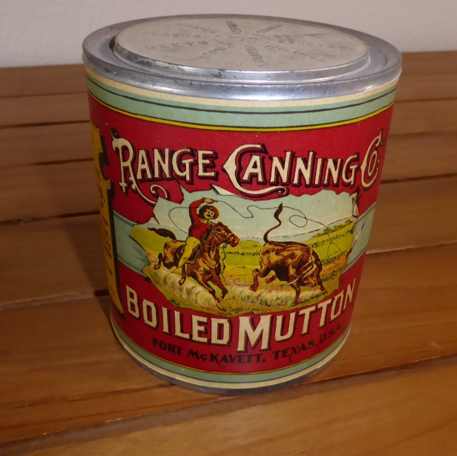 ORIGINAL VINTAGE TIN CAN LABEL C1890S TEXAS COWBOY ON SOLDER TOP CAN ANTIQUE