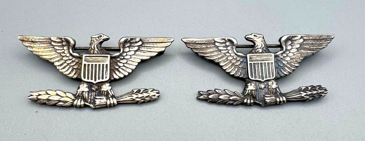 WWII Sterling Army Colonel Rank War Eagle Shoulder Insignia Pins Set RARE