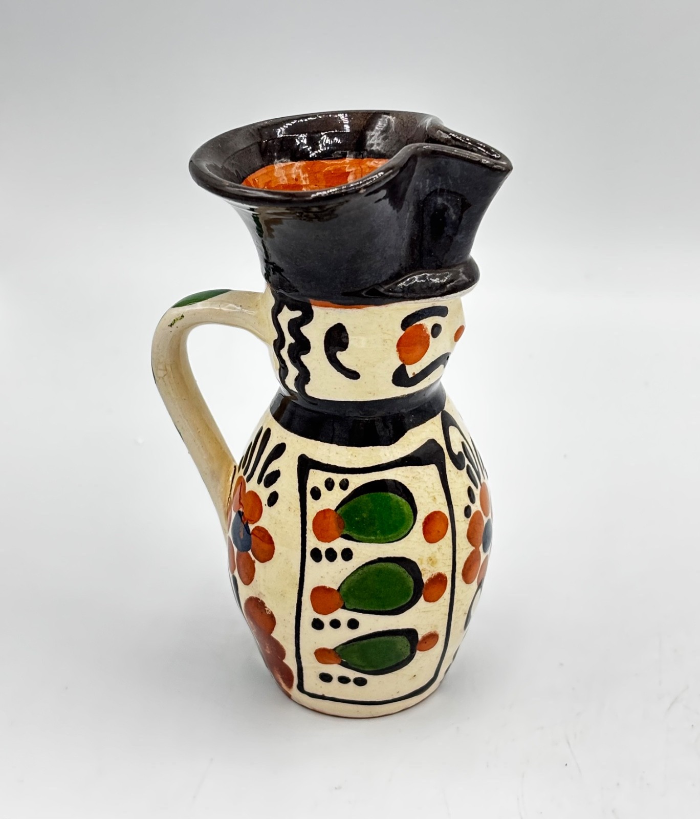 Hungarian Pitcher Folk Art Pottery Soldier Face Snake Flowers Handpainted 5” Hungarian Pitcher Folk Art Pottery Soldier Face Snake Flowers Handpainted 5”