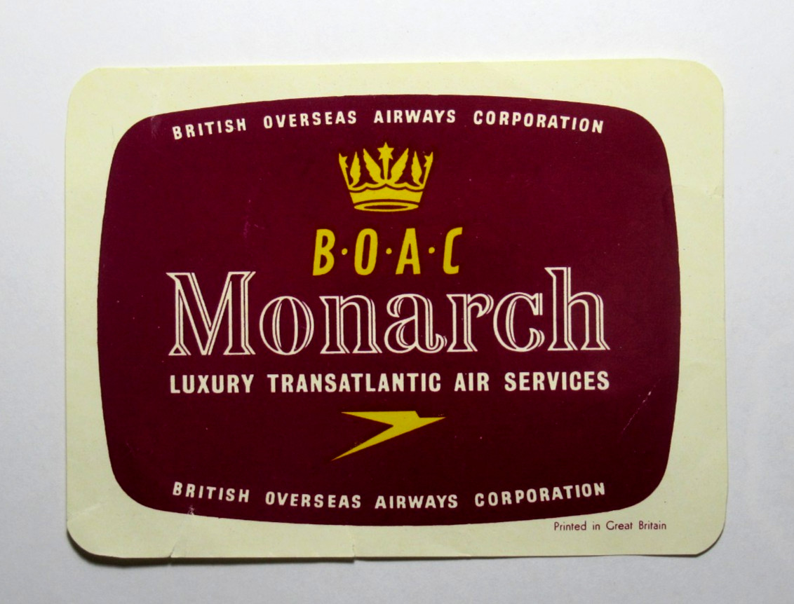 Vintage BOAC Monarch Luxury Transatlantic Luggage Label 1950s/60s UK Vintage BOAC Monarch Luxury Transatlantic Luggage Label 1950s/60s UK