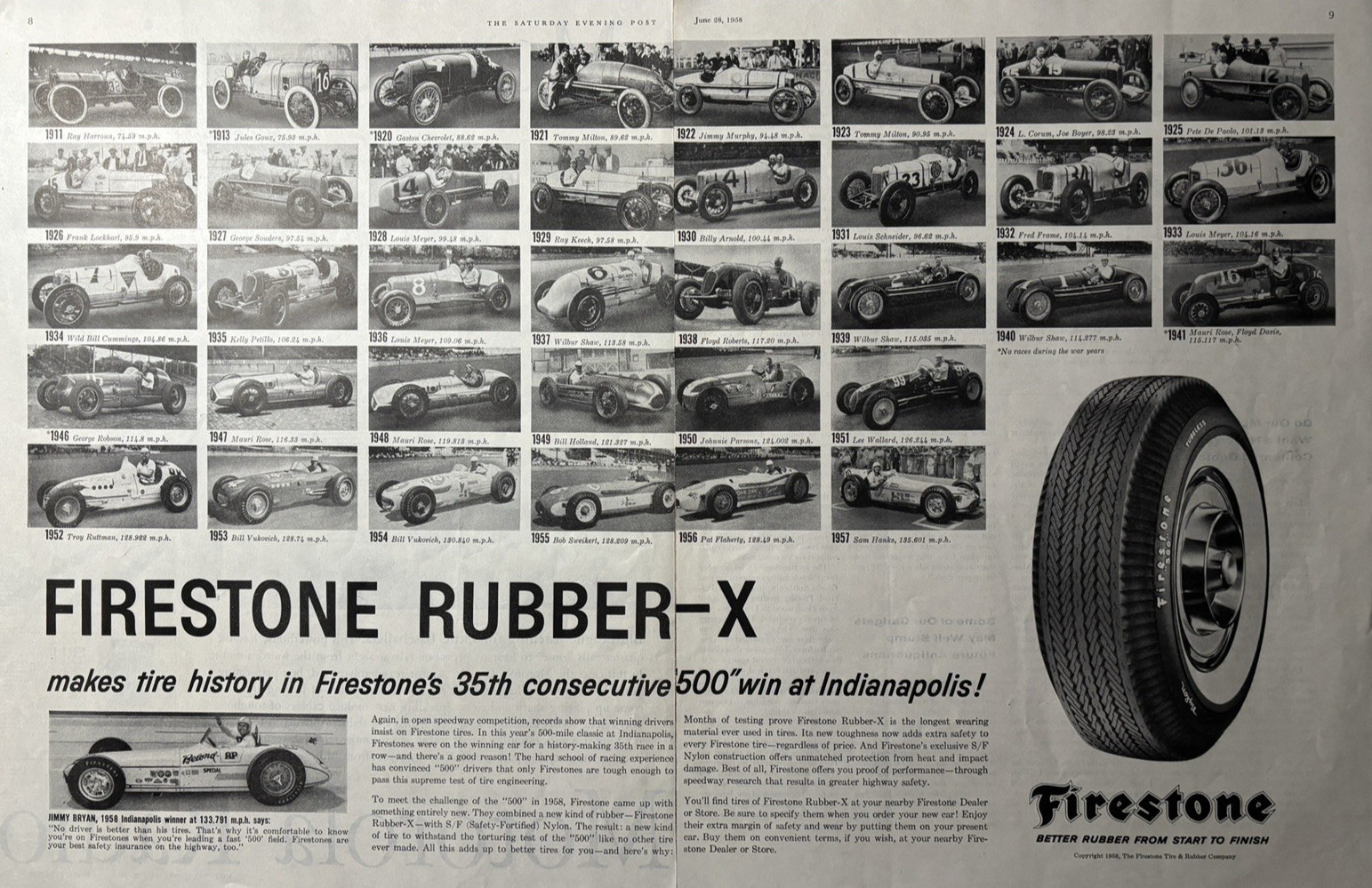 1958 Firestone Tires Rubber Indianapolis 500 Winners Start Finish VTG Print Ad 1958 Firestone Tires Rubber Indianapolis 500 Winners Start Finish VTG Print Ad