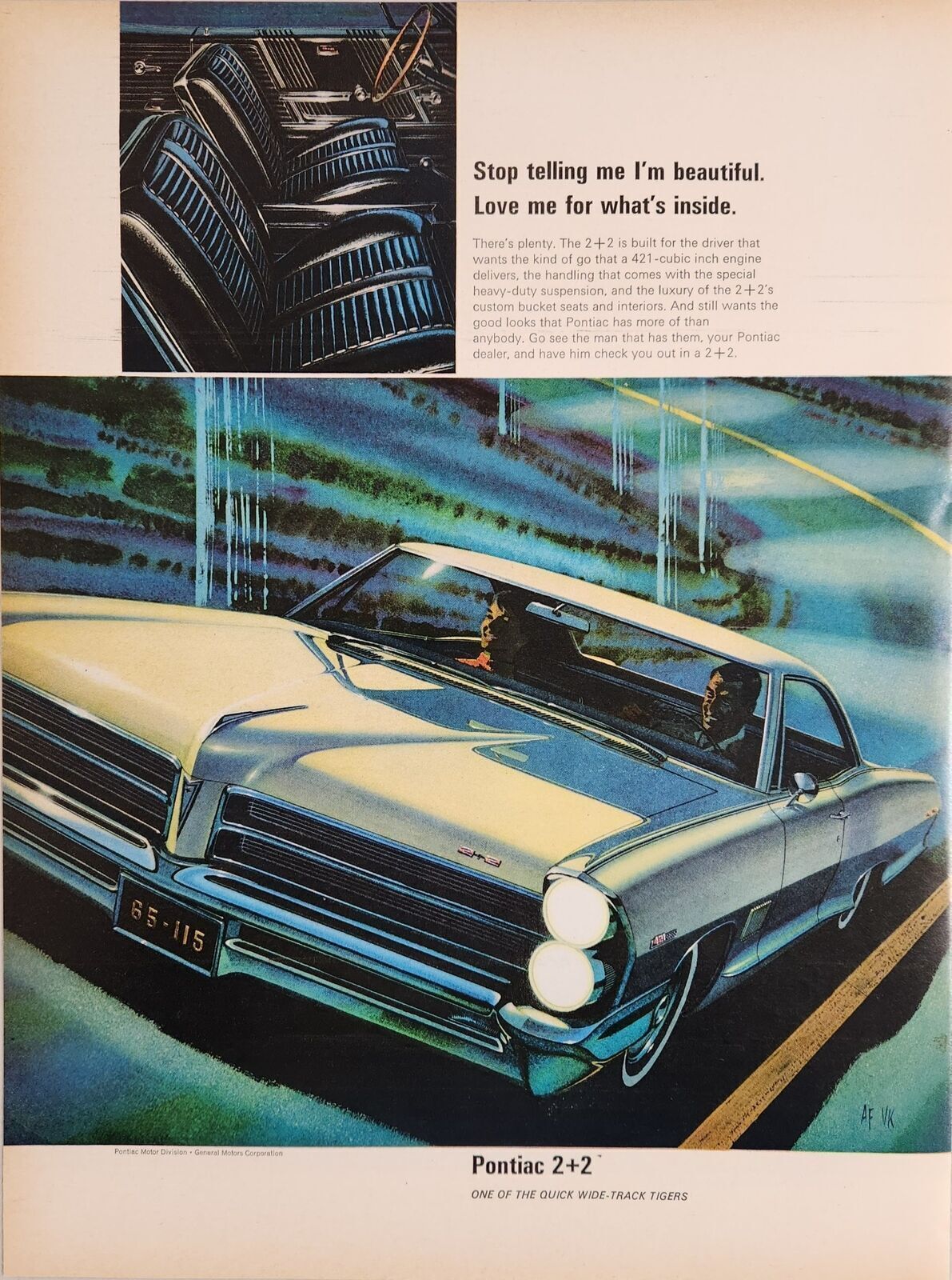1965 Print Ad Pontiac 2+2 Two-Door Car with 421 Cubic Inch Engine Wide Track 1965 Print Ad Pontiac 2+2 Two-Door Car with 421 Cubic Inch Engine Wide Track