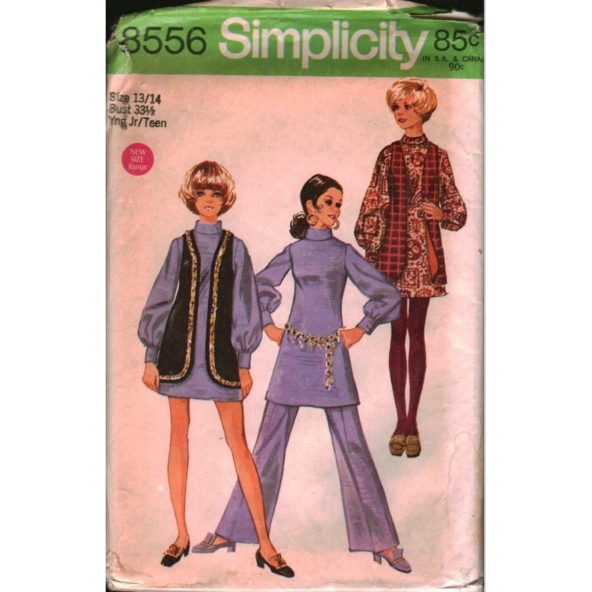 Vintage 1969 Simplicity 8556 Sewing Pattern Dress Vest Pants Size 13/14 B33.5 Vintage 1969 Simplicity 8556 Sewing Pattern Dress Vest Pants Size 13/14 B33.5