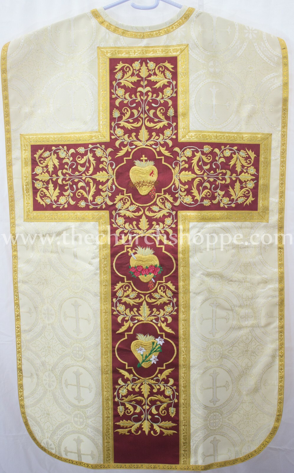 Gold Roman Fiddleback Chasuble and mass set with Three Holy Hearts Embroidery