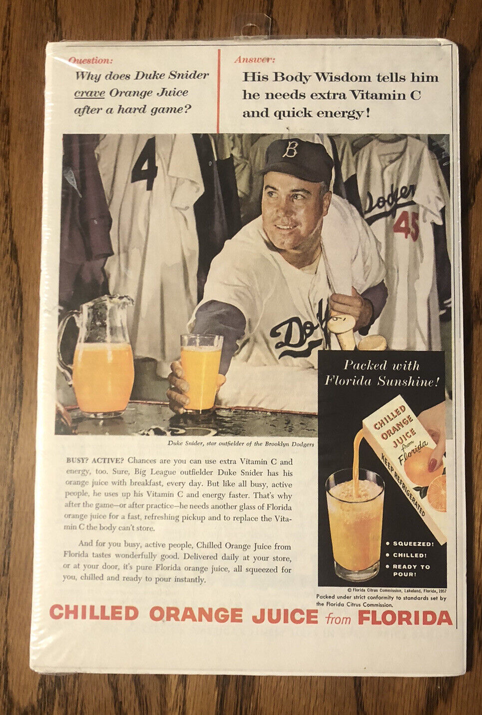 1957 Florida Orange Juice Ad MLB Baseball Los Angeles Dodgers Duke Snider
