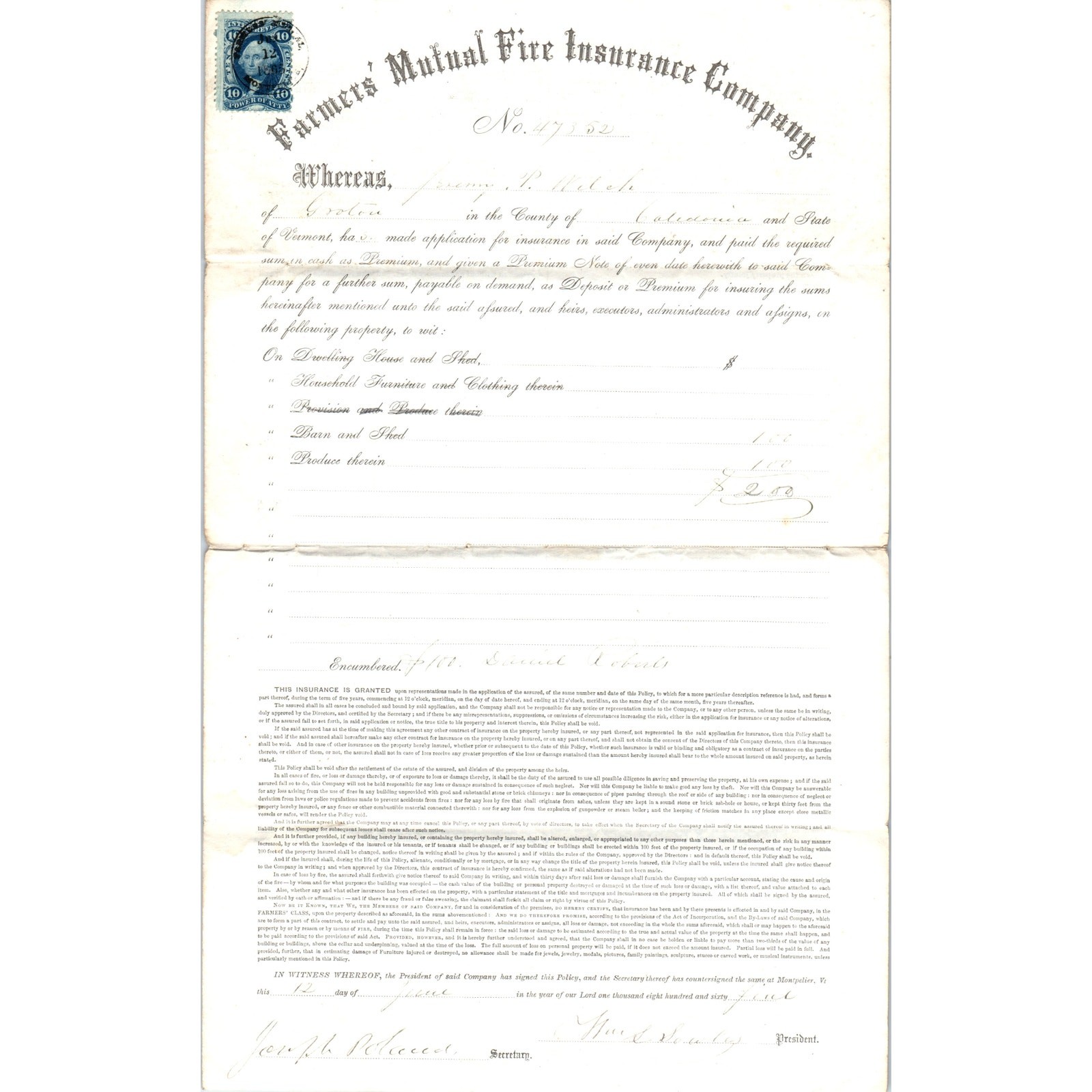 1870 Farmers Mutual Fire Ins Co Policy J.P. Welch West Topsham VT AF7-E7 1870 Farmers Mutual Fire Ins Co Policy J.P. Welch West Topsham VT AF7-E7