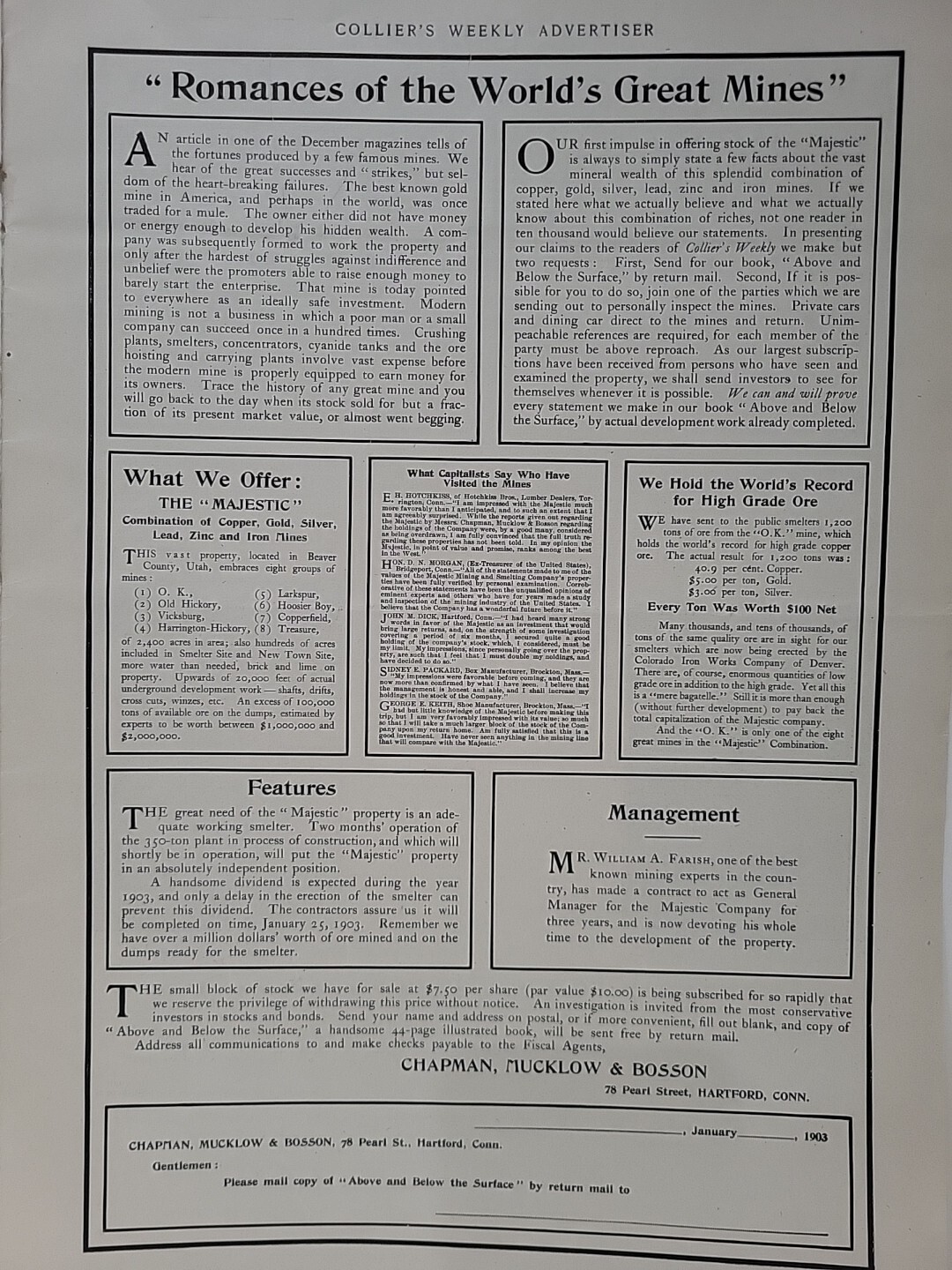 1903 Mining Investments Chapman, Mucklow & Bosson Print Advertising Colliers 1903 Mining Investments Chapman, Mucklow & Bosson Print Advertising Colliers
